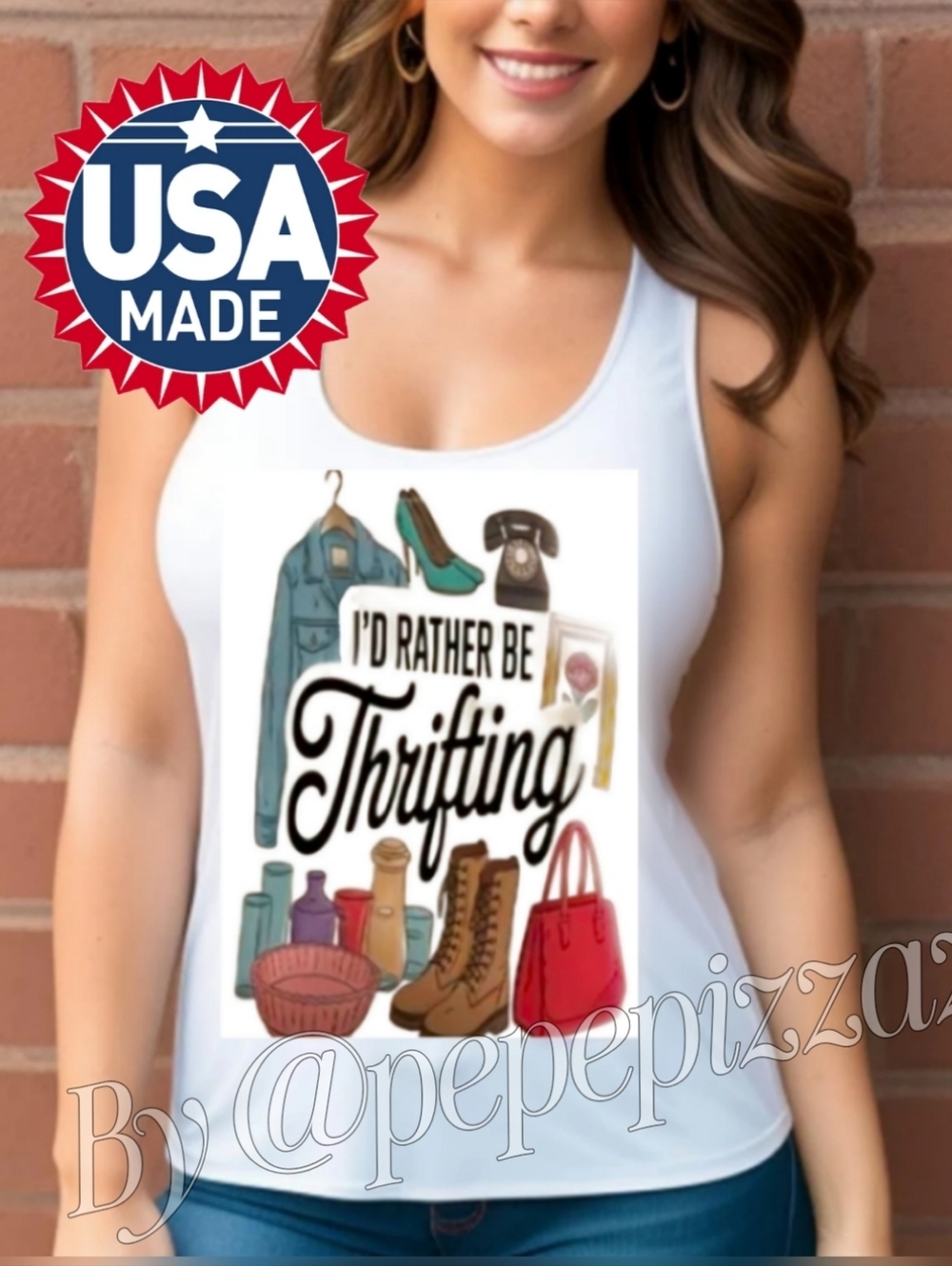 White Tank Top with I'd Rather Be Thrifting  Graphic Handmade